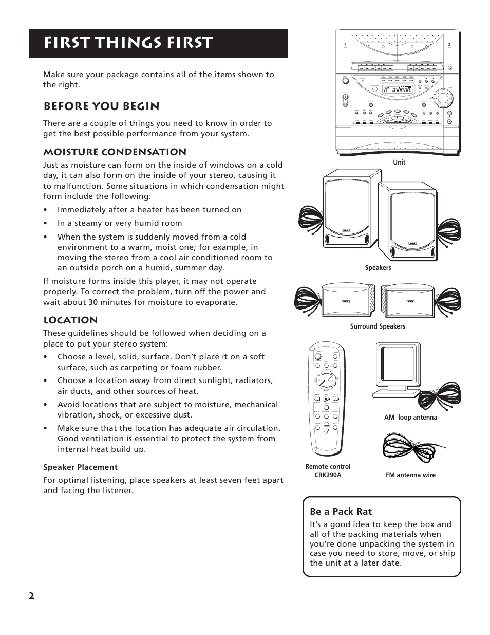 First things first, Before you begin, Be a pack rat | Moisture condensation, Location | RCA RP-9555 User Manual | Page 4 / 22