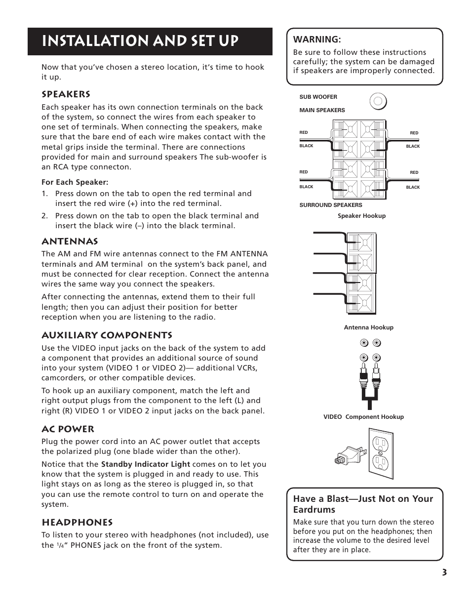 Installation and set up, 3warning, Speakers | Antennas, Auxiliary components, Ac power, Headphones, Have a blast—just not on your eardrums, Phones jack on the front of the system | RCA RP-9555 User Manual | Page 5 / 22