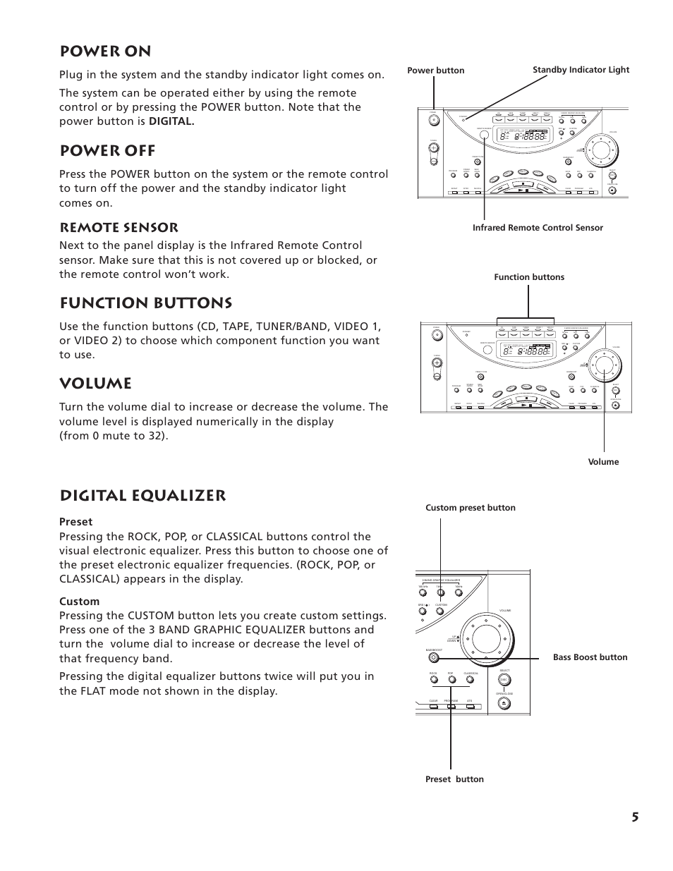 Power on, Power off, Function buttons | Volume, Digital equalizer, Remote sensor, Stereo custom classical pop rock bass boost, Volume function buttons | RCA RP-9555 User Manual | Page 7 / 22