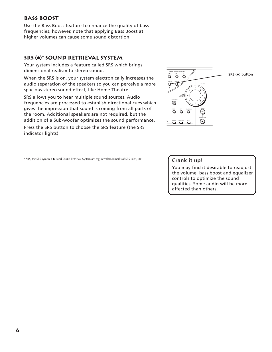 6bass boost, Srs ( )* sound retrieval system, Crank it up | RCA RP-9555 User Manual | Page 8 / 22