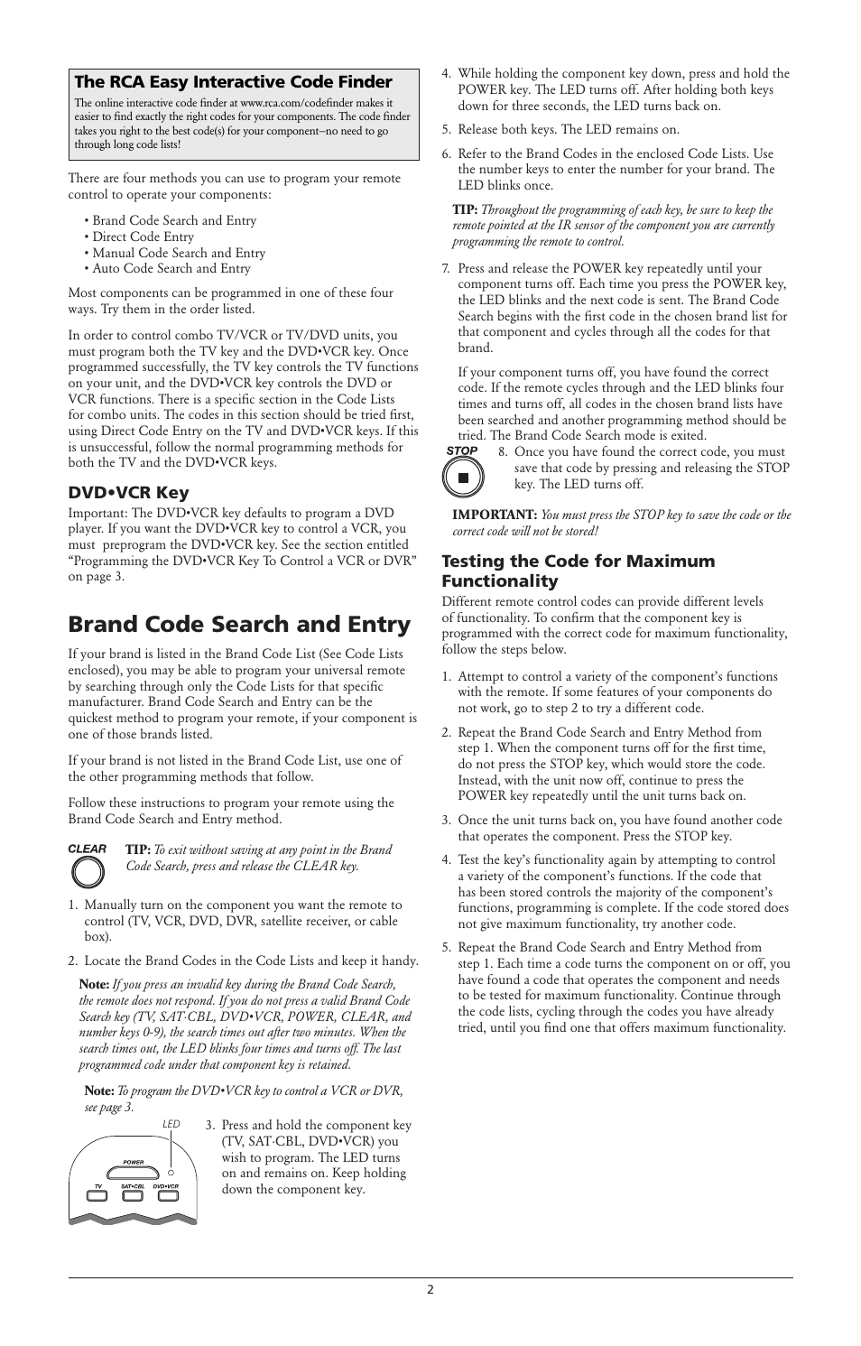 Brand code search and entry, Dvd•vcr key, Testing the code for maximum functionality | The rca easy interactive code finder | RCA RCR3373 User Manual | Page 2 / 6