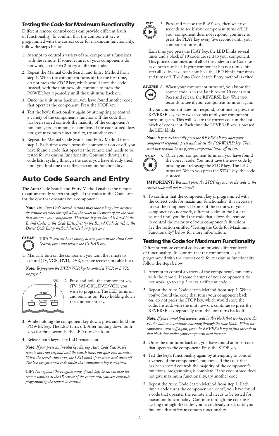 Auto code search and entry, Testing the code for maximum functionality | RCA RCR3373 User Manual | Page 4 / 6