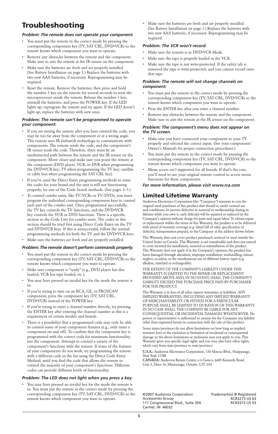 Troubleshooting, Limited lifetime warranty | RCA RCR3373 User Manual | Page 6 / 6