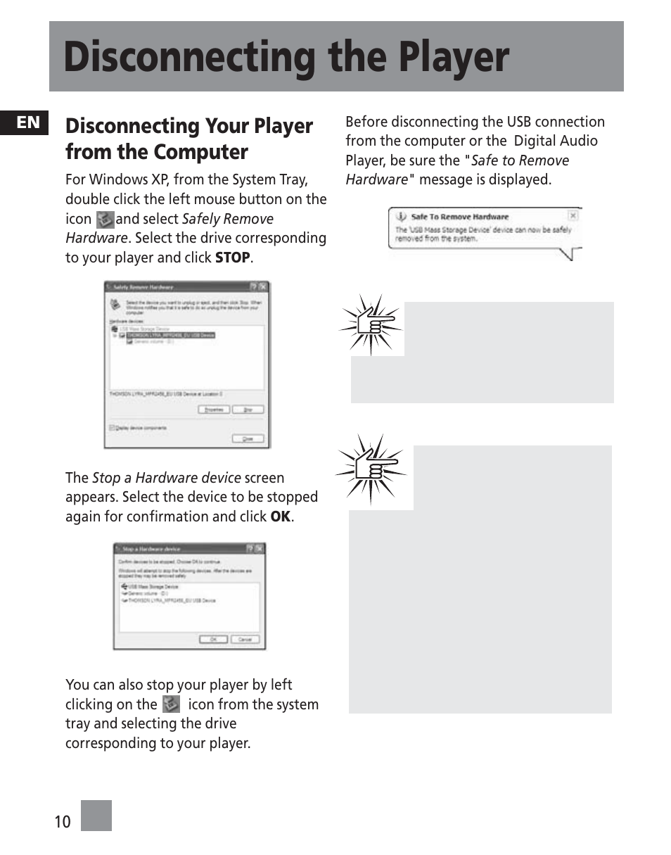 Disconnecting the player, Disconnecting your player from the computer | RCA TC1202 User Manual | Page 51 / 53
