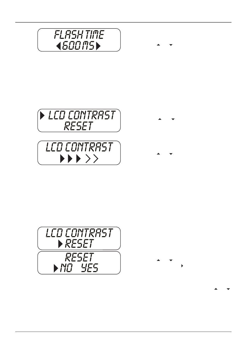 Lcd contrast, Flash time 600 ms lcd contrast reset, Lcd contrast reset reset no yes | RCA 25001 User Manual | Page 10 / 40