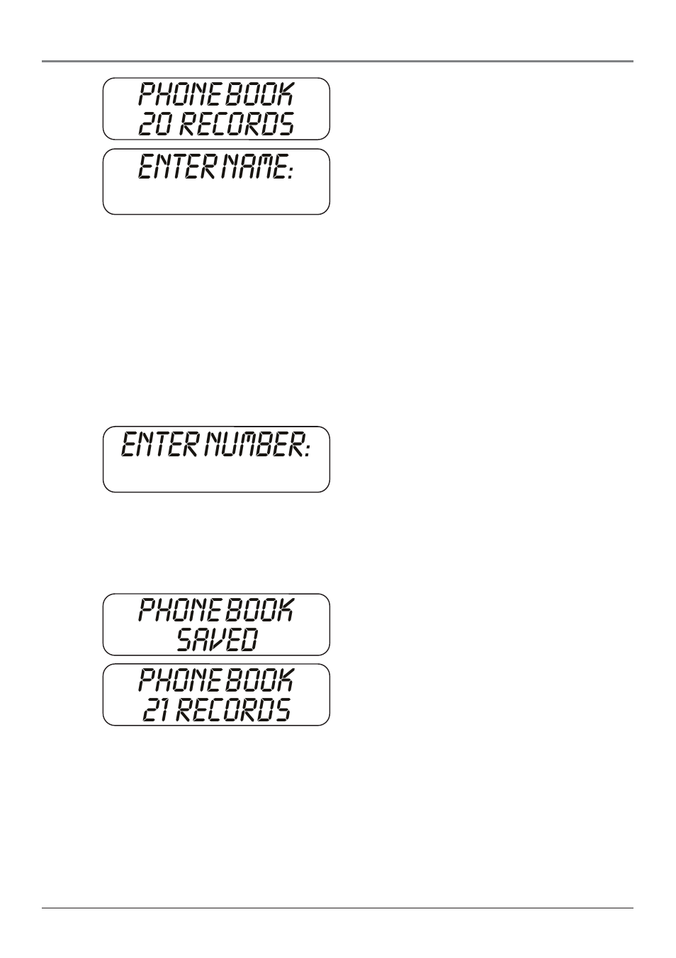 Enter name: enter number, Phone book 20 records, Phone book saved phone book 21 records | RCA 25001 User Manual | Page 14 / 40