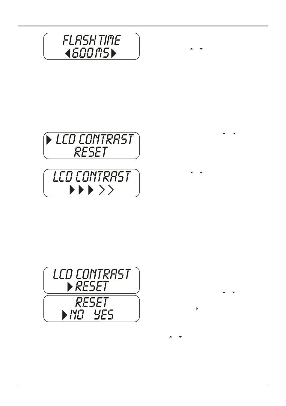 Lcd contrast, Flash time 600 ms lcd contrast reset, Lcd contrast reset reset no yes | Conexión y programación | RCA 25001 User Manual | Page 30 / 40