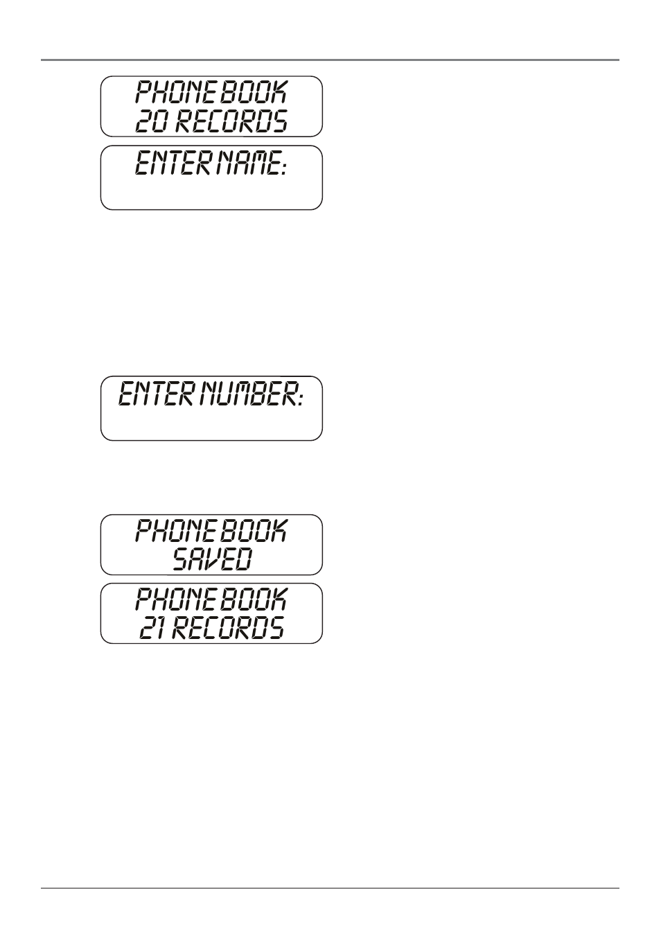 Enter name: enter number, Phone book 20 records, Phone book saved phone book 21 records | RCA 25001 User Manual | Page 34 / 40