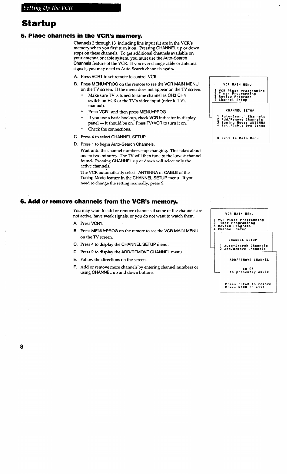 Startup, Setting up the vcr | RCA VG4038/ VG4039 User Manual | Page 10 / 36