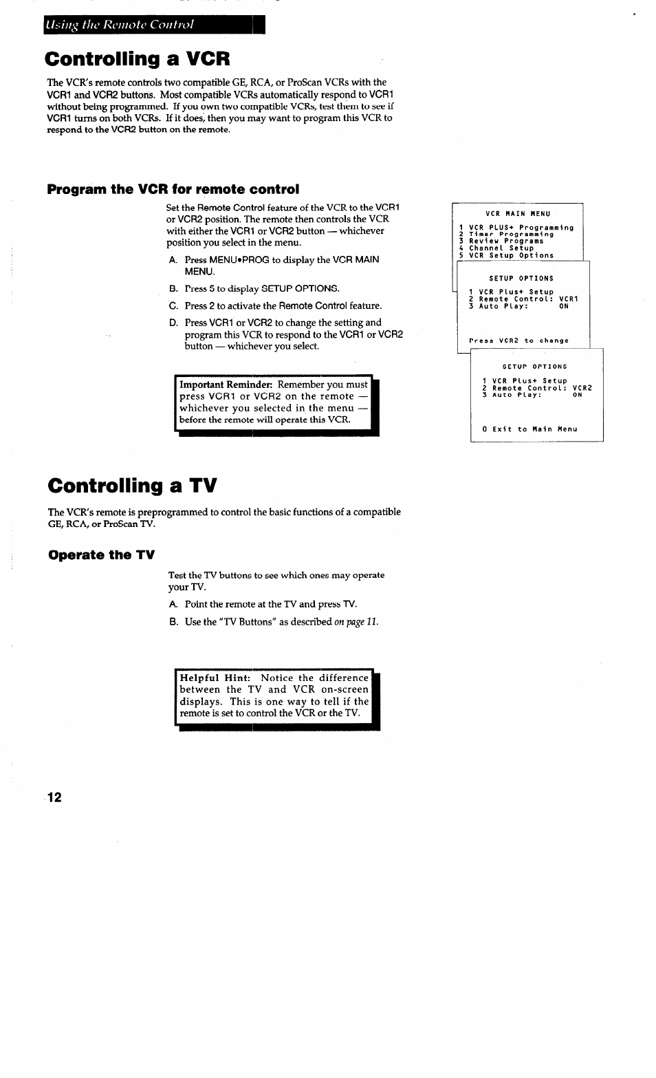 Controlling a vcr, Controlling a tv, Program the vcr for remote control | Operate the tv, Using the remote control | RCA VG4038/ VG4039 User Manual | Page 14 / 36