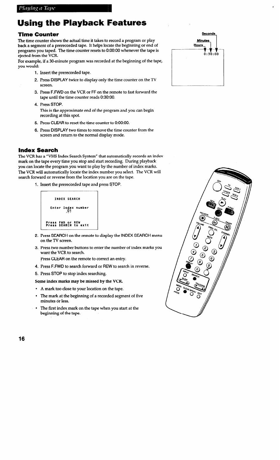 Using the playback features, Time counter, Index search | Plni/iiig a tape | RCA VG4038/ VG4039 User Manual | Page 18 / 36
