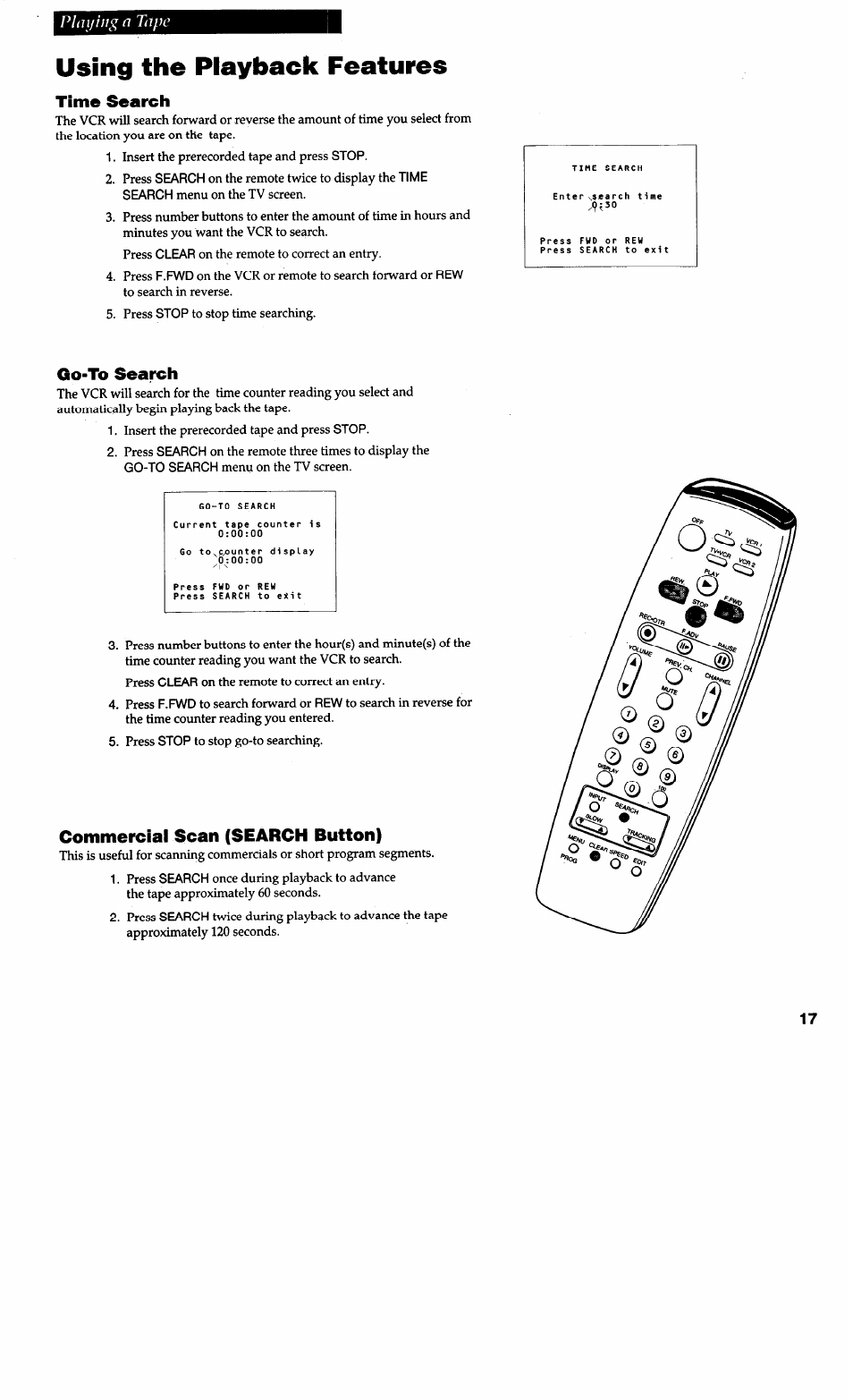 Using the playback features, Time search, Go-to seapeh | Commercial scan (search button), Pliii/iiig n tape | RCA VG4038/ VG4039 User Manual | Page 19 / 36
