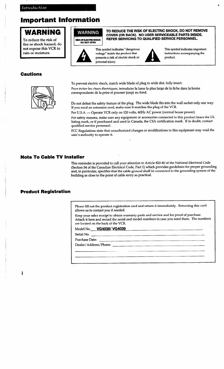 Important information, Warning, Model no. vg4038/ vg4039 | Important information warning | RCA VG4038/ VG4039 User Manual | Page 2 / 36
