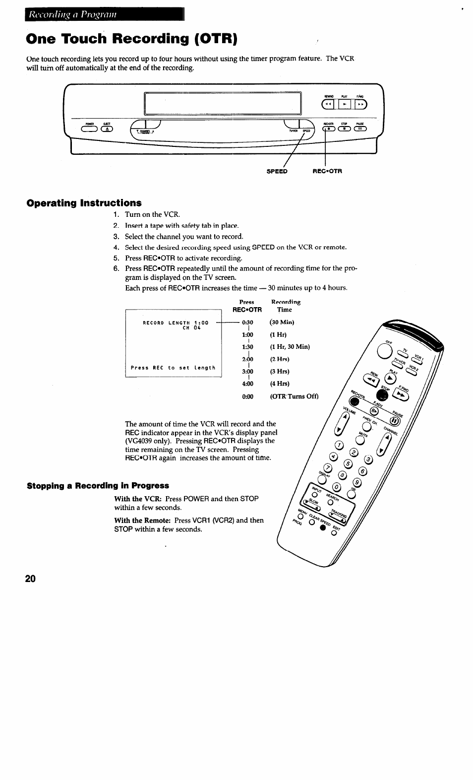 One touch recording (otr), Operating instructions | RCA VG4038/ VG4039 User Manual | Page 22 / 36