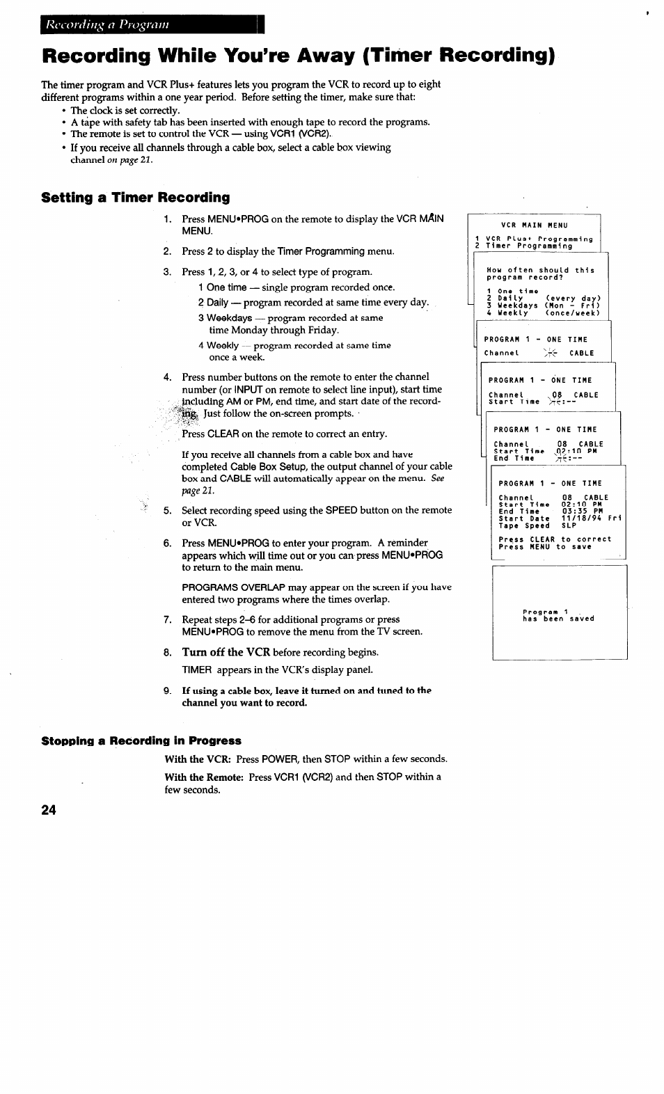 Recording while you’re away (timer recording), Setting a timer recording, Rcconliíig a program | Stopping a recording in progress | RCA VG4038/ VG4039 User Manual | Page 26 / 36