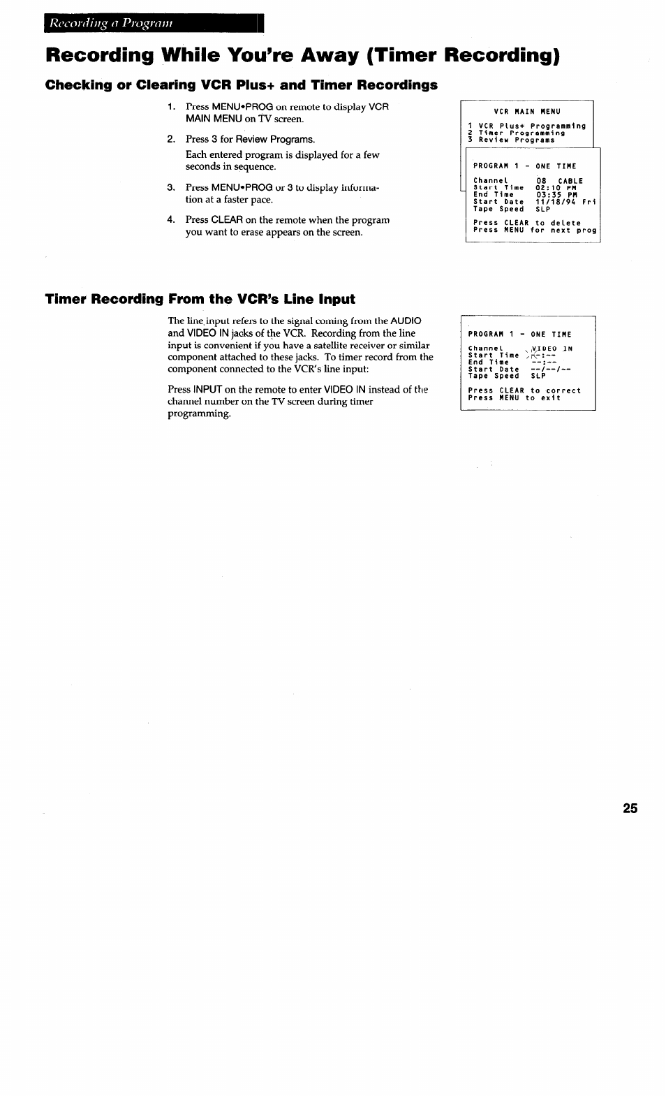 Recording while you’re away (timer recording), Timer recording from the vcr’s line input, Recording a program | RCA VG4038/ VG4039 User Manual | Page 27 / 36