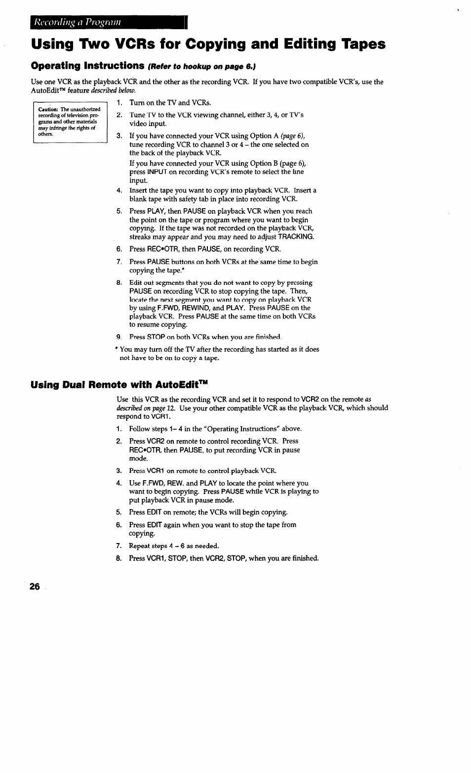 Using two vcrs for copying and editing tapes, Operating inetructions, Using dual remote with autoedit | RCA VG4038/ VG4039 User Manual | Page 28 / 36