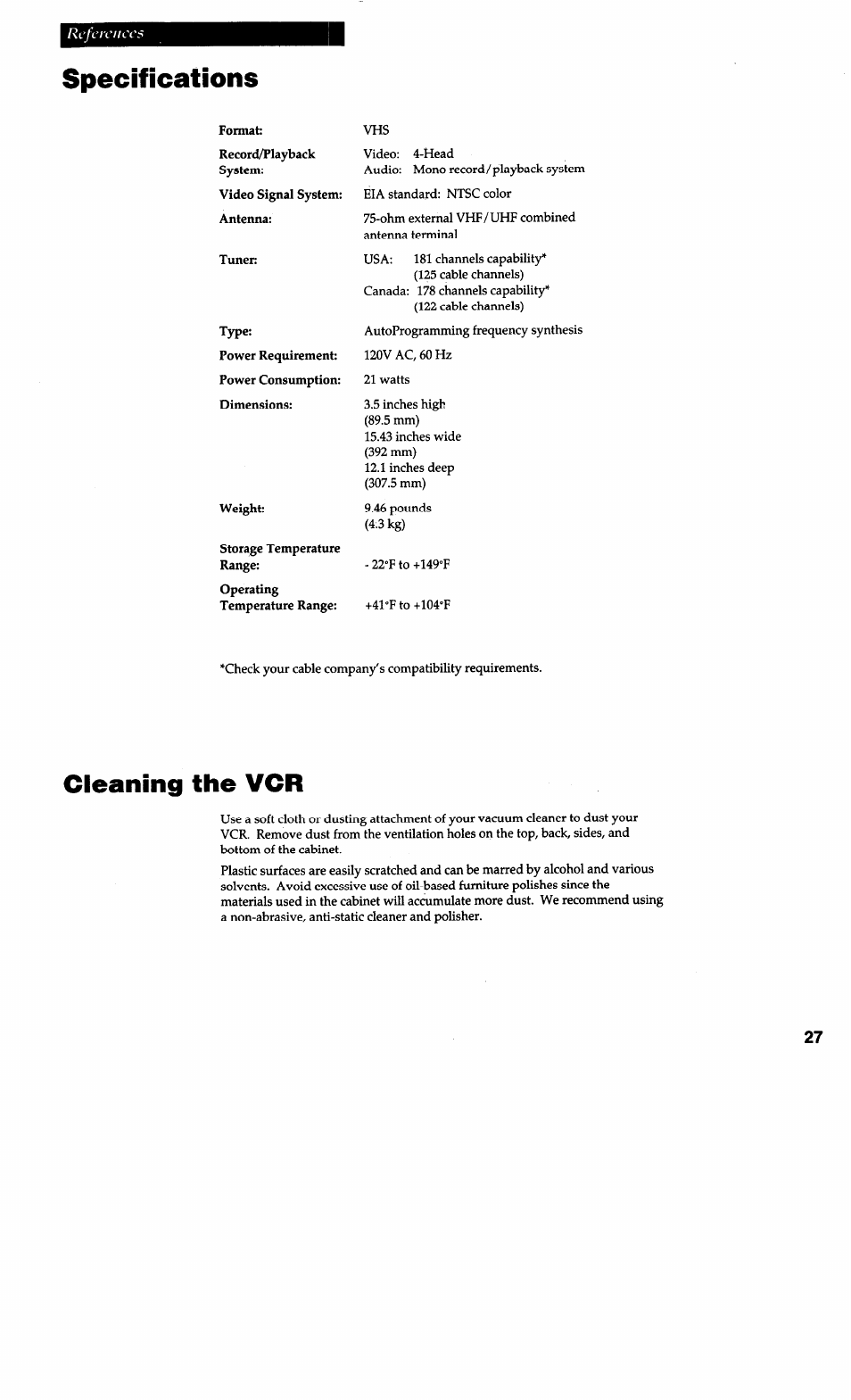 Specifications, Cieaning the vcr | RCA VG4038/ VG4039 User Manual | Page 29 / 36