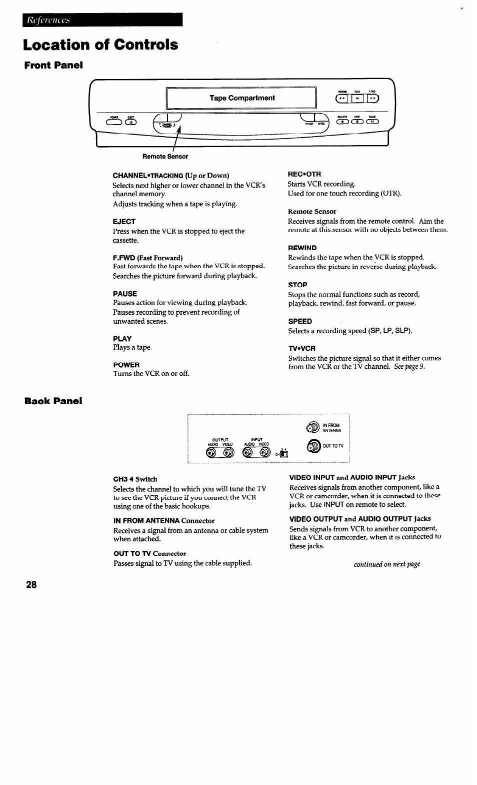 Location of controls, Eject, Pause | Play, Power, Rec»otr, Rewind, Stop, Speed, Tv«vcr | RCA VG4038/ VG4039 User Manual | Page 30 / 36