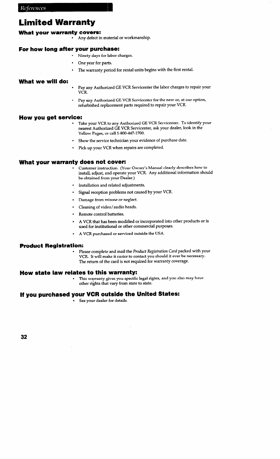 Limited warranty, What your warranty covers, For how long after your purchase | What we will do, How you get service, What your warranty does not cover, Product registration, How state iaw reiates to this warranty | RCA VG4038/ VG4039 User Manual | Page 34 / 36