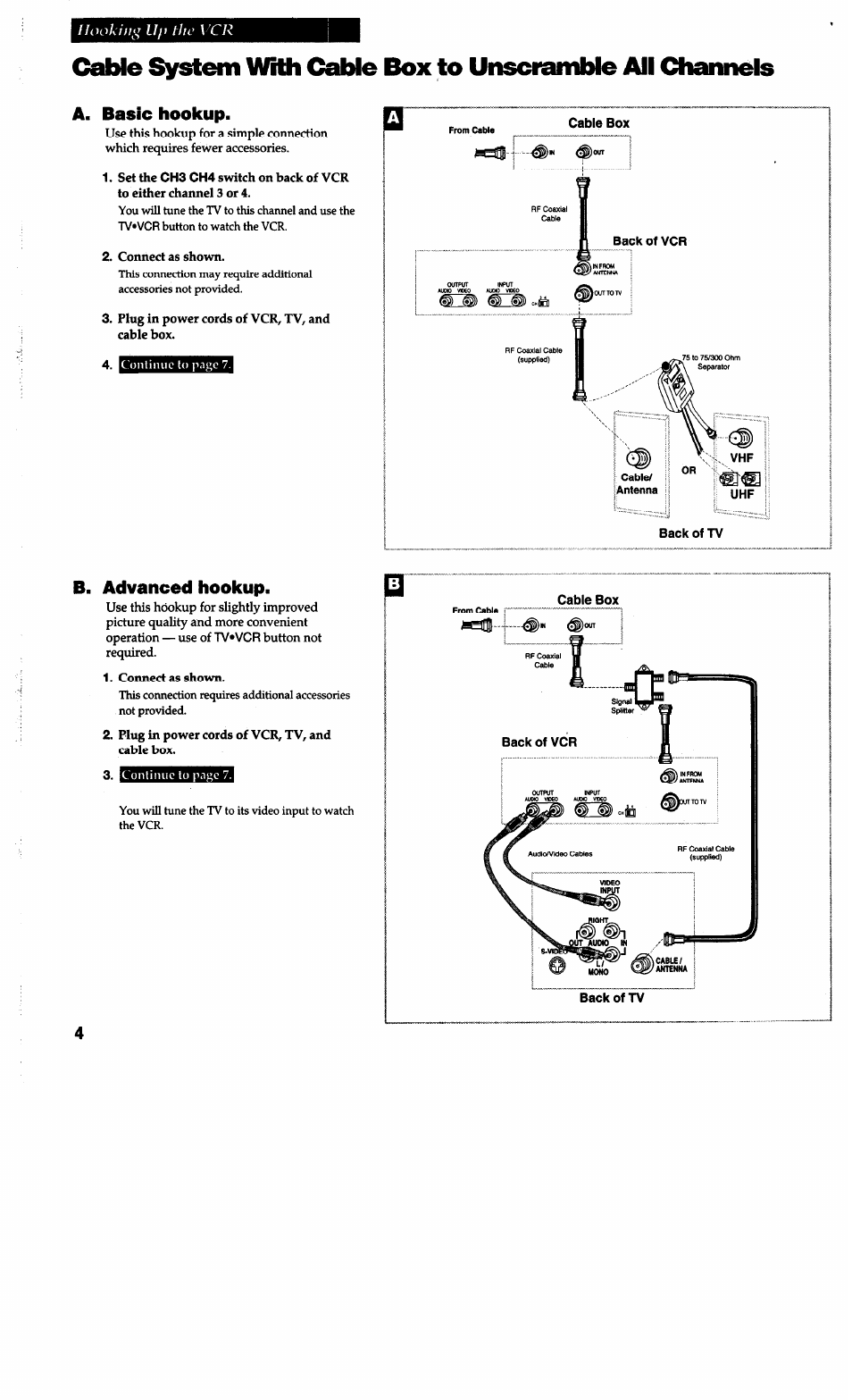 A. basic hookup, B. advanced hookup | RCA VG4038/ VG4039 User Manual | Page 6 / 36