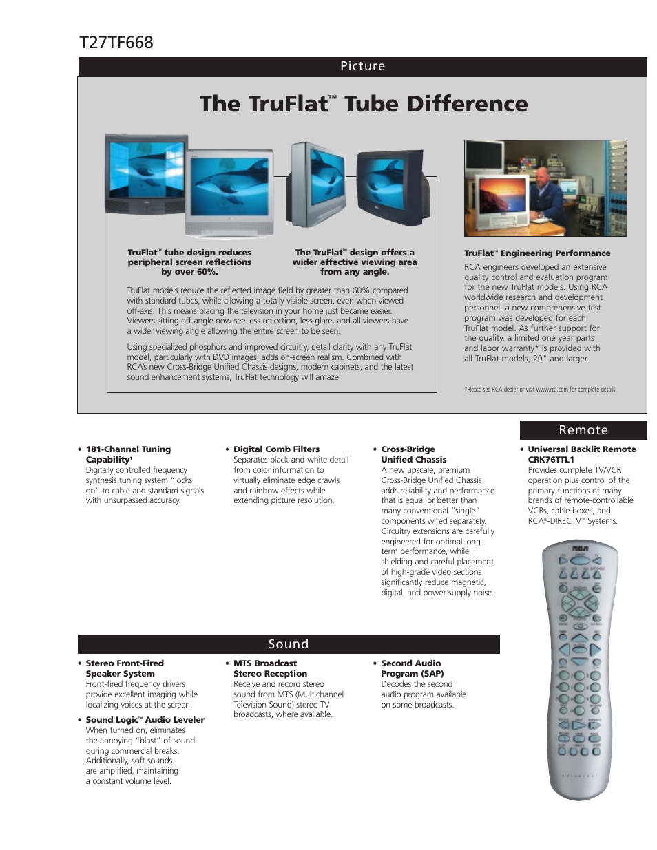 The truflat, Tube difference, Picture remote | Sound | RCA TruFlat T27TF668 User Manual | Page 2 / 4