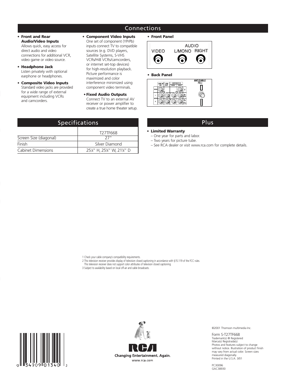 Tv/vcr combo, Specifications, Connections plus | RCA TruFlat T27TF668 User Manual | Page 4 / 4