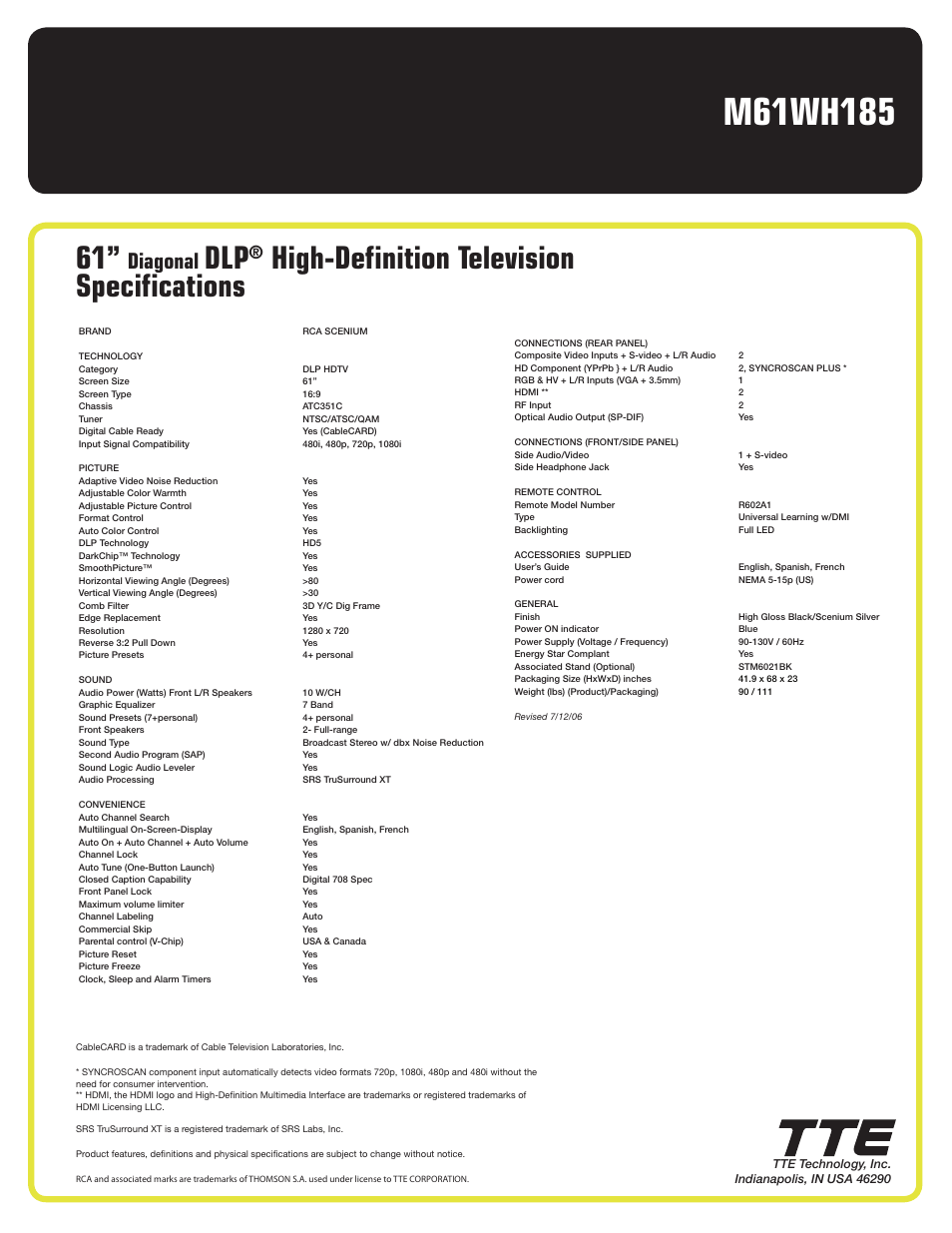 High-definition television specifications, Diagonal | RCA M61WH185 User Manual | Page 2 / 2