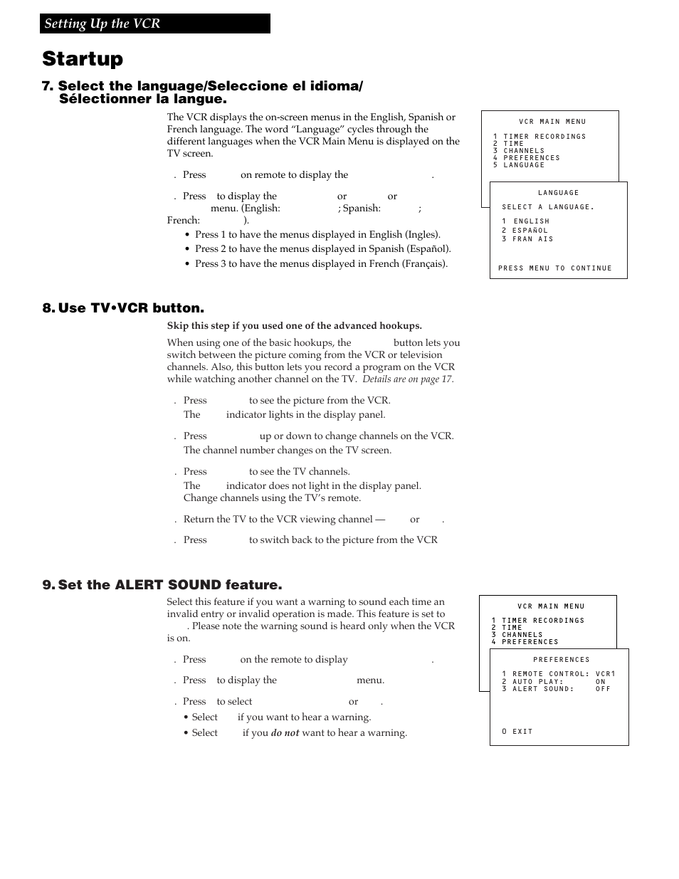 Startup, 9setting up the vcr, Use tv•vcr button | Set the alert sound feature | RCA VR337 User Manual | Page 11 / 32
