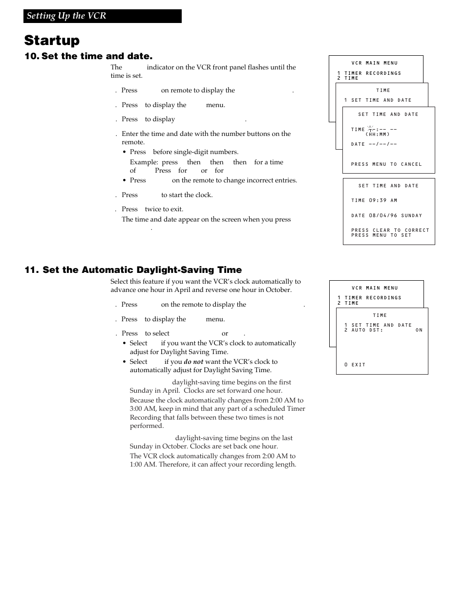 Startup, 10 setting up the vcr, Set the time and date | Set the automatic daylight-saving time | RCA VR337 User Manual | Page 12 / 32