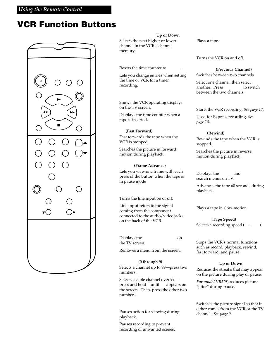 Using the remote control, Vcr function buttons, 11 using the remote control | RCA VR337 User Manual | Page 13 / 32