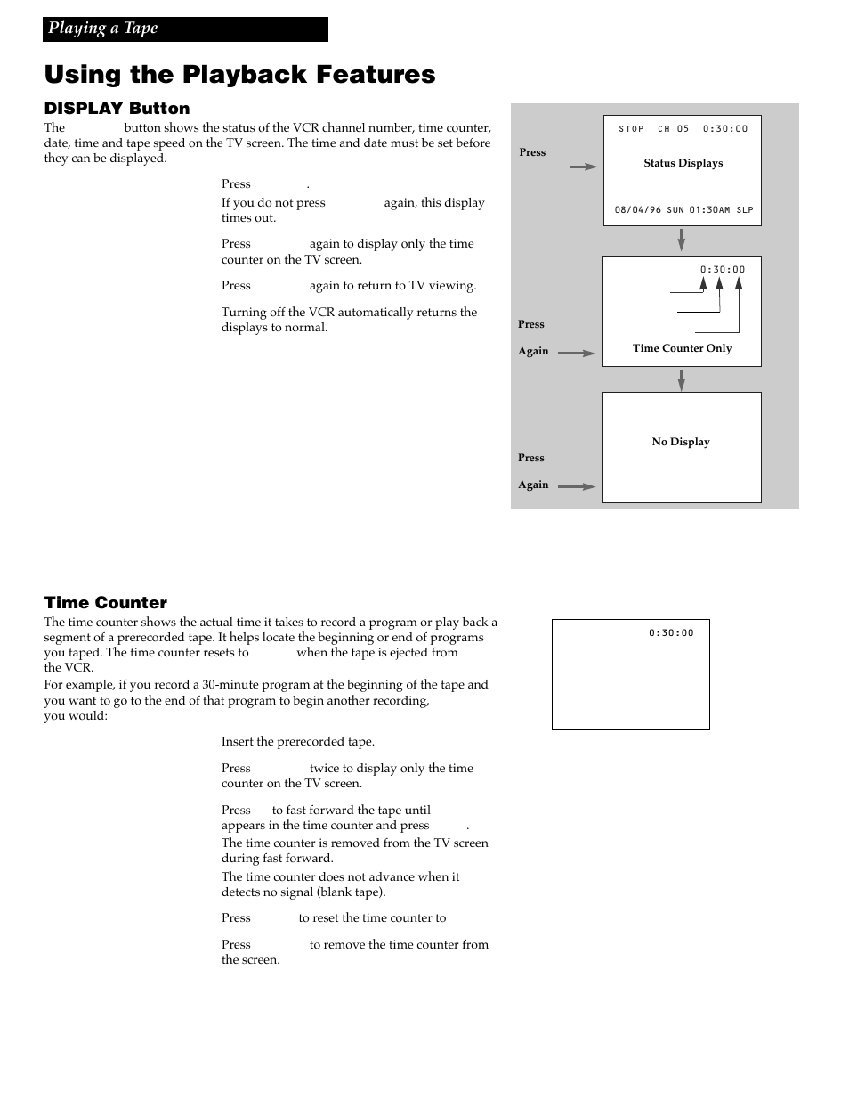 Using the playback features, Display button, Time counter | Playing a tape | RCA VR337 User Manual | Page 16 / 32