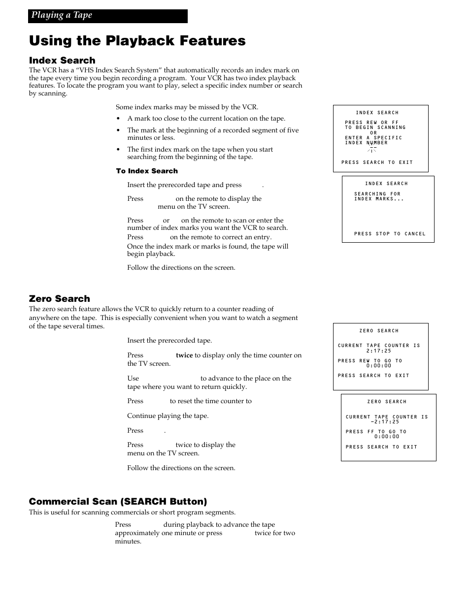 Using the playback features, Index search, Zero search | Commercial scan (search button), Playing a tape | RCA VR337 User Manual | Page 17 / 32