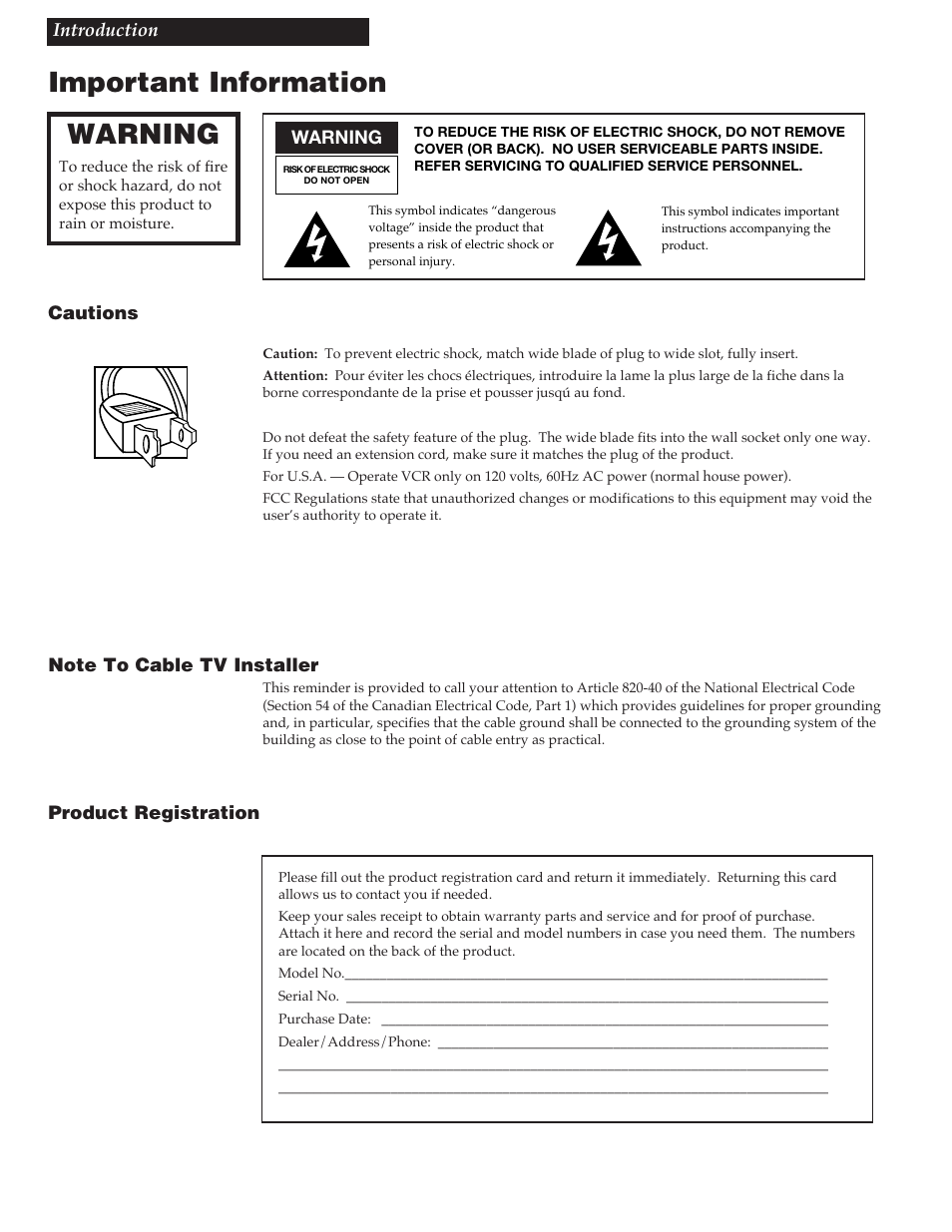 Warning, Cautions, Note to cable tv installer | Product registration, Important information | RCA VR337 User Manual | Page 2 / 32