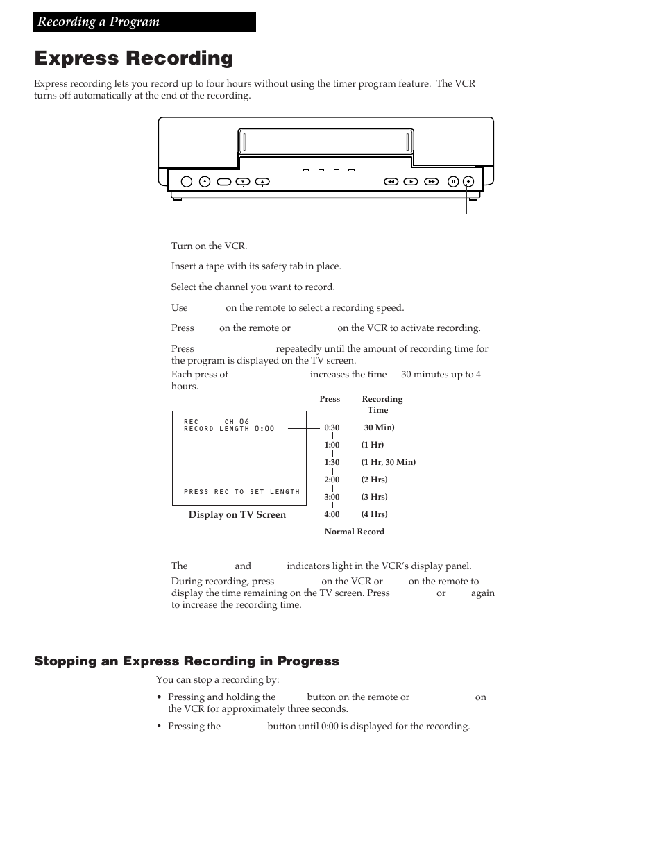 Express recording, 18 recording a program, Stopping an express recording in progress | RCA VR337 User Manual | Page 20 / 32