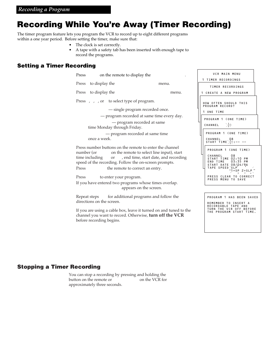 Recording while you’re away (timer recording), 19 recording a program, Setting a timer recording | Stopping a timer recording | RCA VR337 User Manual | Page 21 / 32