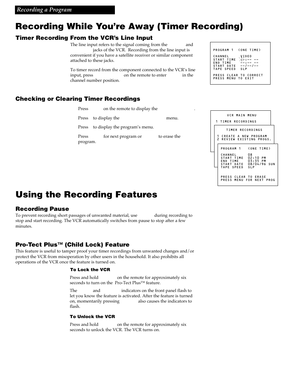 Using the recording features, Recording while you’re away (timer recording), Checking or clearing timer recordings | Recording pause, Pro-tect plus™ (child lock) feature | RCA VR337 User Manual | Page 22 / 32