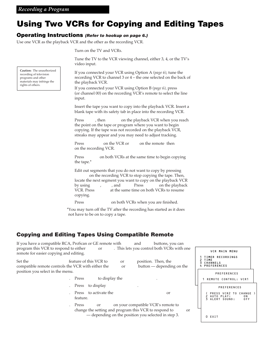 Using two vcrs for copying and editing tapes, 21 recording a program, Operating instructions | Copying and editing tapes using compatible remote | RCA VR337 User Manual | Page 23 / 32