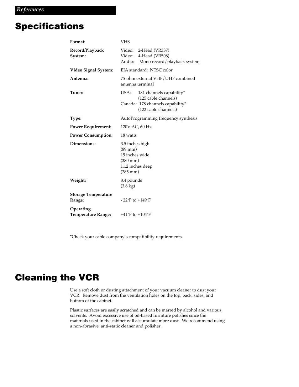 Specifications, Cleaning the vcr | RCA VR337 User Manual | Page 26 / 32