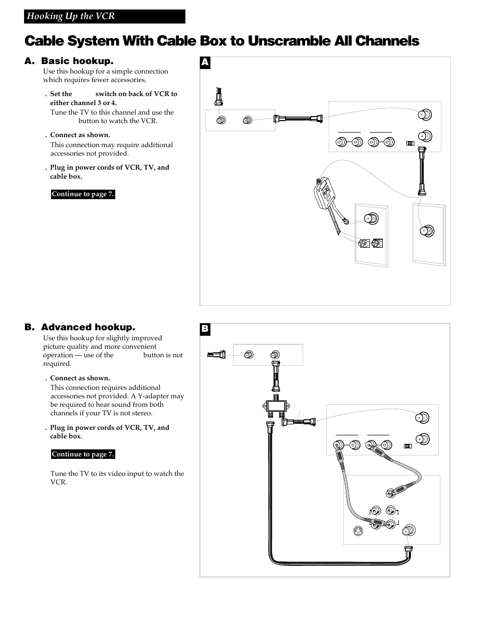 4hooking up the vcr, A. basic hookup, B. advanced hookup | RCA VR337 User Manual | Page 6 / 32