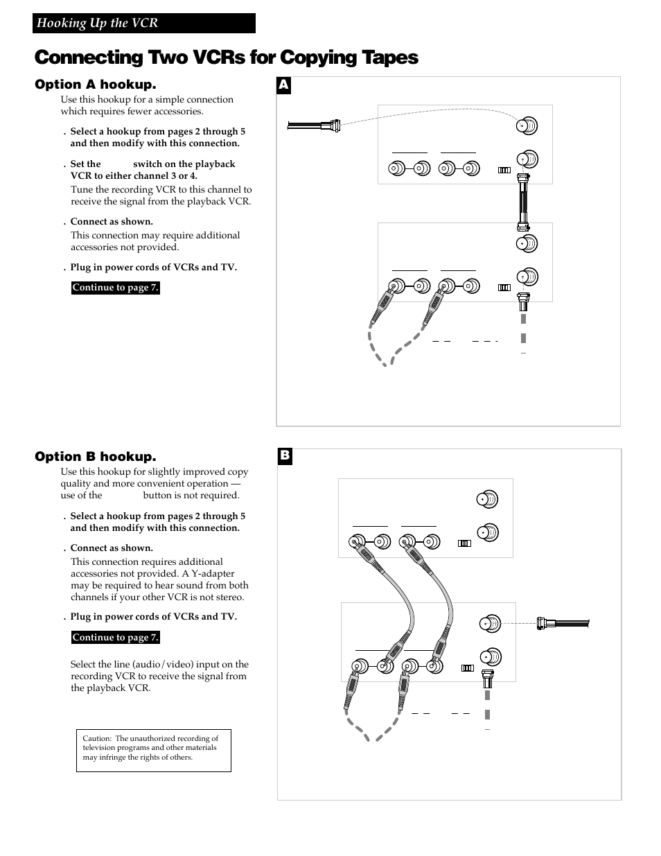 Connecting two vcrs for copying tapes, 6hooking up the vcr, Option a hookup | Option b hookup, Playback vcr, Recording vcr, Playback vcr (only) recording vcr | RCA VR337 User Manual | Page 8 / 32