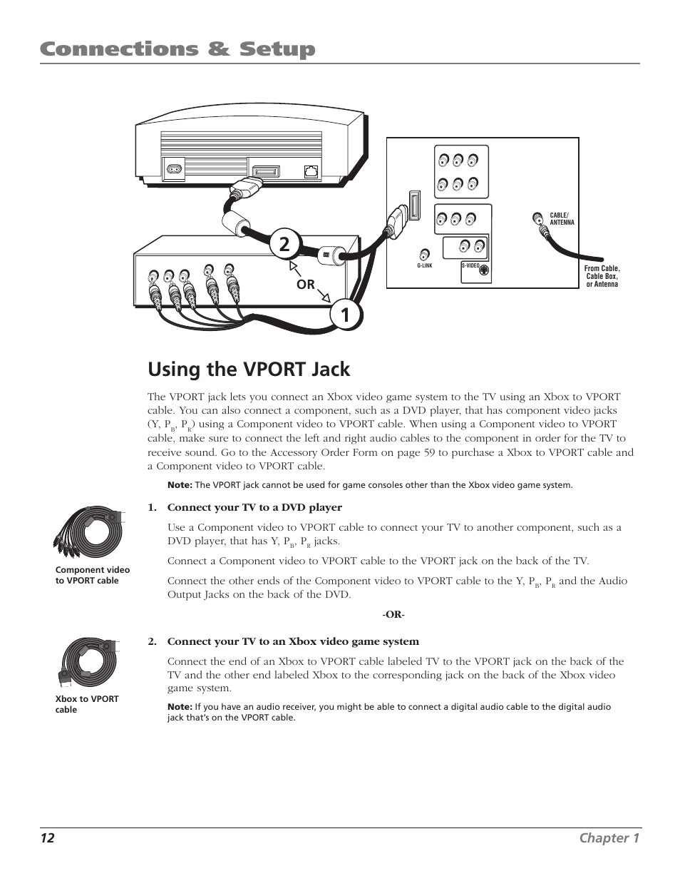 Connections & setup, 12 using the vport jack, 12 chapter 1 | RCA F36TF720 User Manual | Page 14 / 64