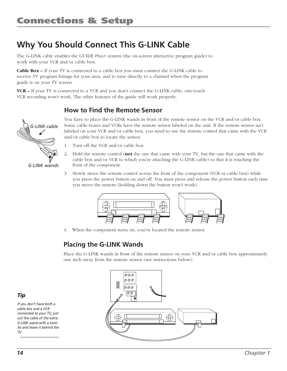 Connections & setup, Why you should connect this g-link cable, How to find the remote sensor | Placing the g-link wands, 14 chapter 1, G-link wands g-link cable | RCA F36TF720 User Manual | Page 16 / 64