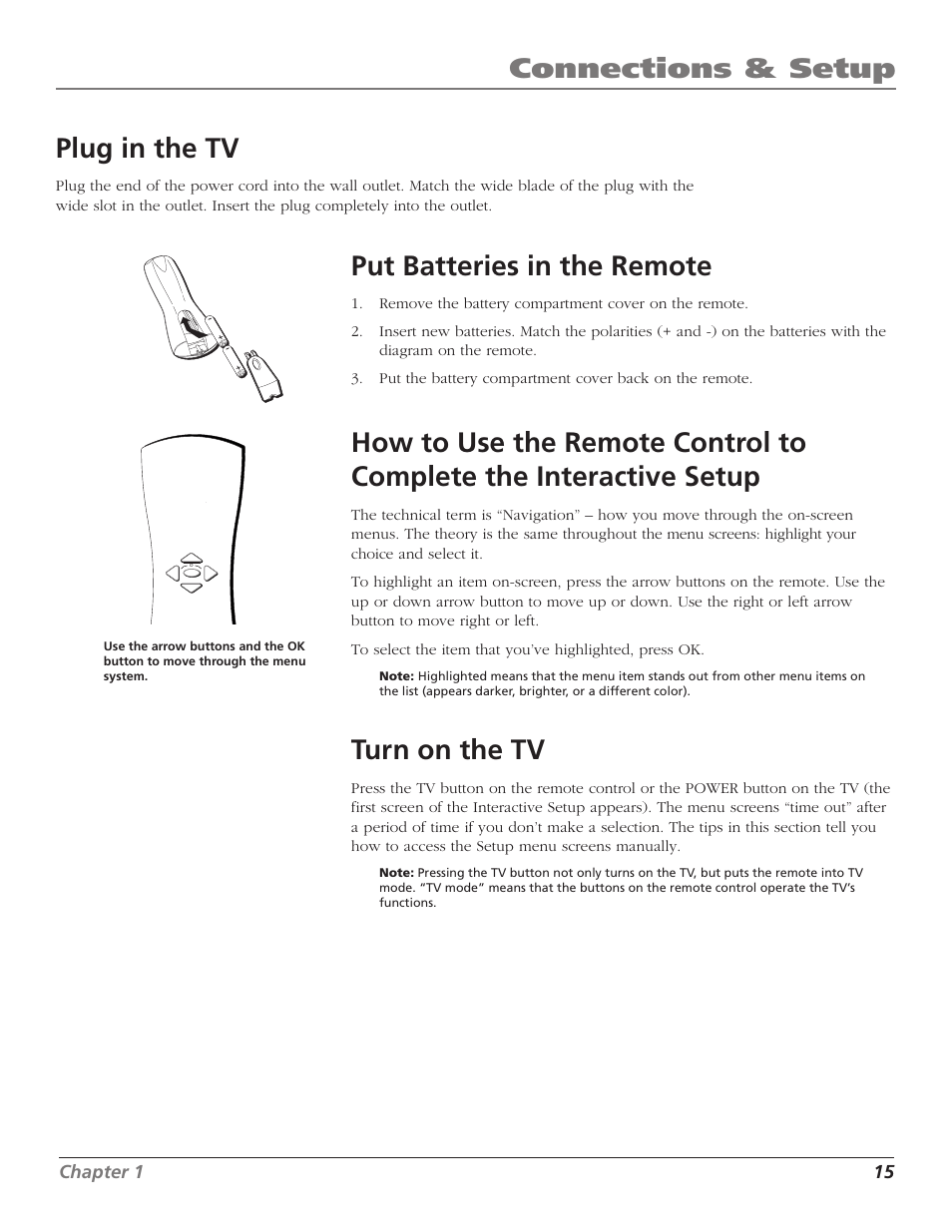 Connections & setup, Plug in the tv, Put batteries in the remote | Turn on the tv | RCA F36TF720 User Manual | Page 17 / 64