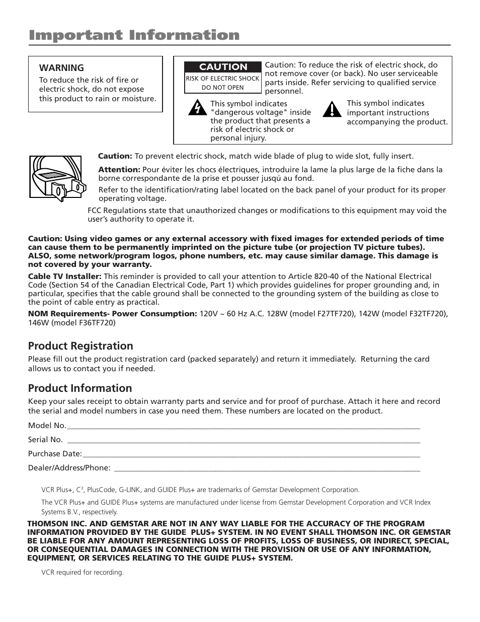 Important information, Product registration, Product information | RCA F36TF720 User Manual | Page 2 / 64