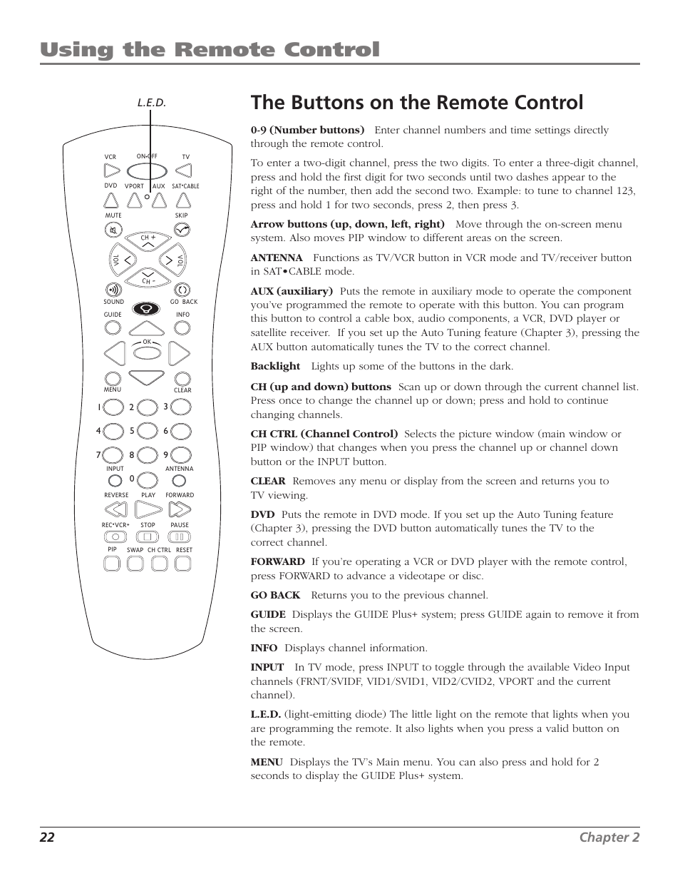 Using the remote control, The buttons on the remote control, 22 chapter 2 | RCA F36TF720 User Manual | Page 24 / 64