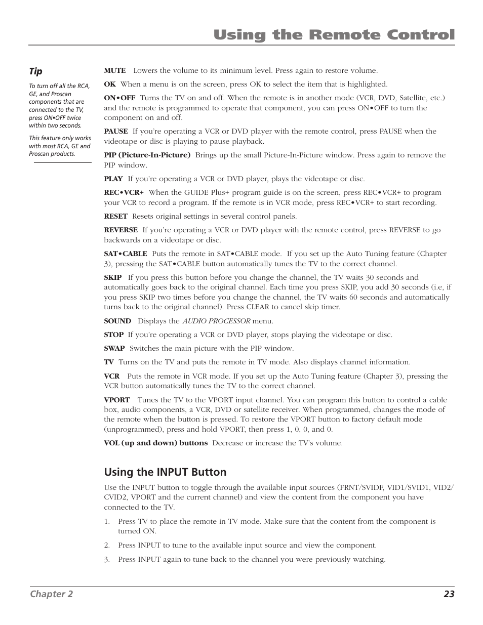 Using the remote control, Using the input button | RCA F36TF720 User Manual | Page 25 / 64
