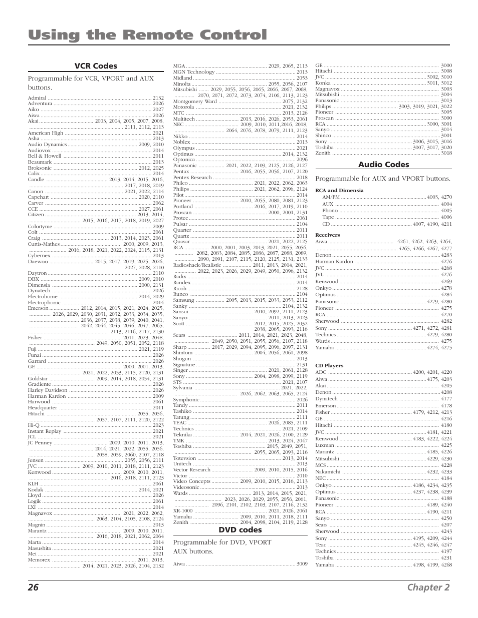 Using the remote control, 26 chapter 2, Vcr codes | Dvd codes, Audio codes | RCA F36TF720 User Manual | Page 28 / 64