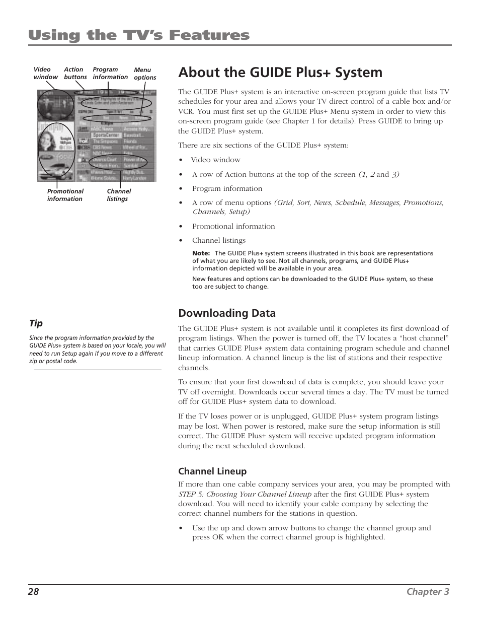 Using the tv’s features, About the guide plus+ system, Downloading data | RCA F36TF720 User Manual | Page 30 / 64