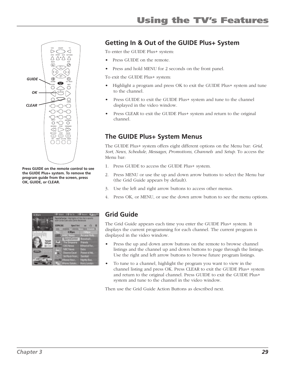Using the tv’s features, Getting in & out of the guide plus+ system, The guide plus+ system menus | Grid guide, Chapter 3 29 | RCA F36TF720 User Manual | Page 31 / 64
